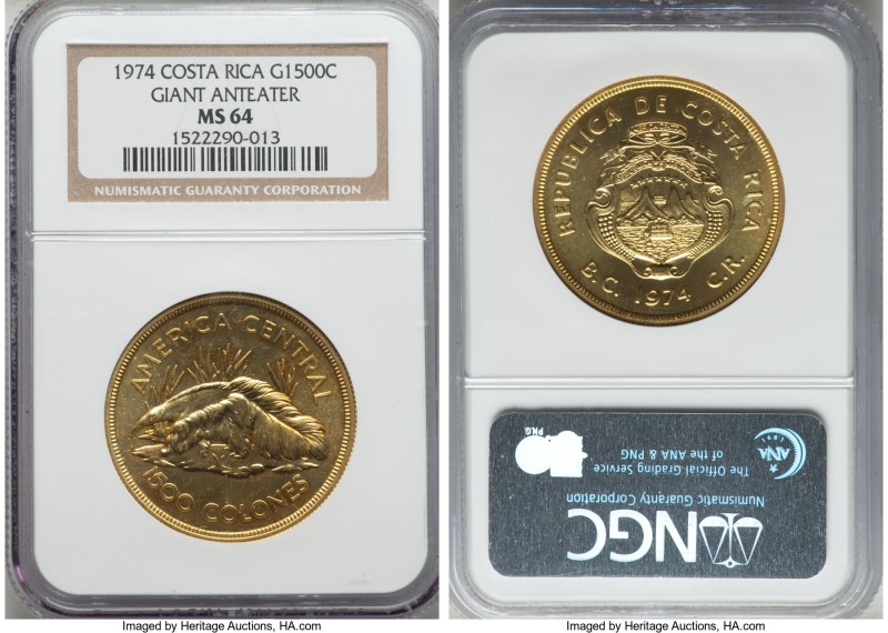 Republic gold "Anteater" 1500 Colones 1974 MS64 NGC, KM202. AGW 0.9675 oz.

HID9...