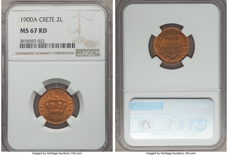 Prince George 2 Lepta 1900-A MS67 Red NGC, Paris mint, KM2. In all respects near...
