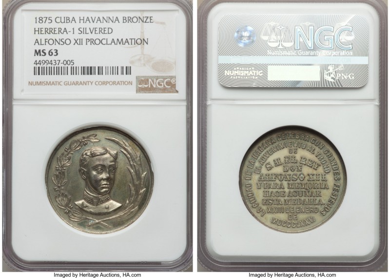 Spanish Colony. Alfonso XII silvered-bronze Proclamation Medal 1875 MS63 NGC, 32...