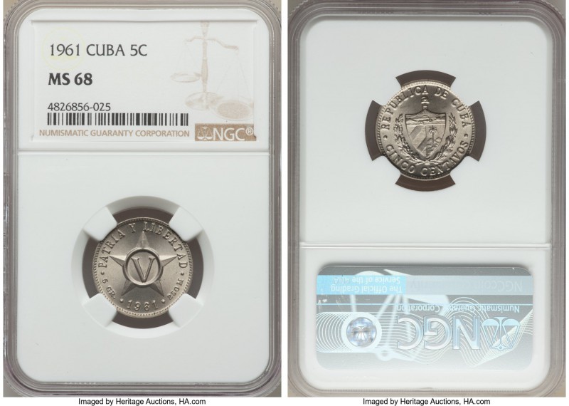 Republic 5 Centavos 1961 MS68 NGC, Philadelphia mint, KM11.3. The absolute fines...