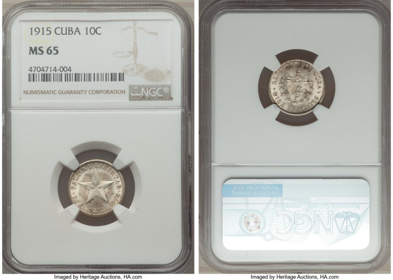 Republic 10 Centavos 1915 MS65 NGC, Philadelphia mint, KMA12. Sublime with full ...