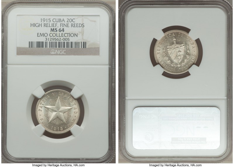 Republic 20 Centavos 1915 MS64 NGC, Philadelphia mint, KM13.1. Variety struck in...