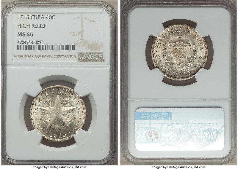 Republic "High Relief" 40 Centavos 1915 MS66 NGC, Philadelphia mint, KM14.3. A m...