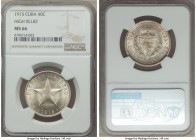 Republic "High Relief" 40 Centavos 1915 MS66 NGC, Philadelphia mint, KM14.3. A must for any connoisseur of the Cuban series, this ultra gem exists vir...
