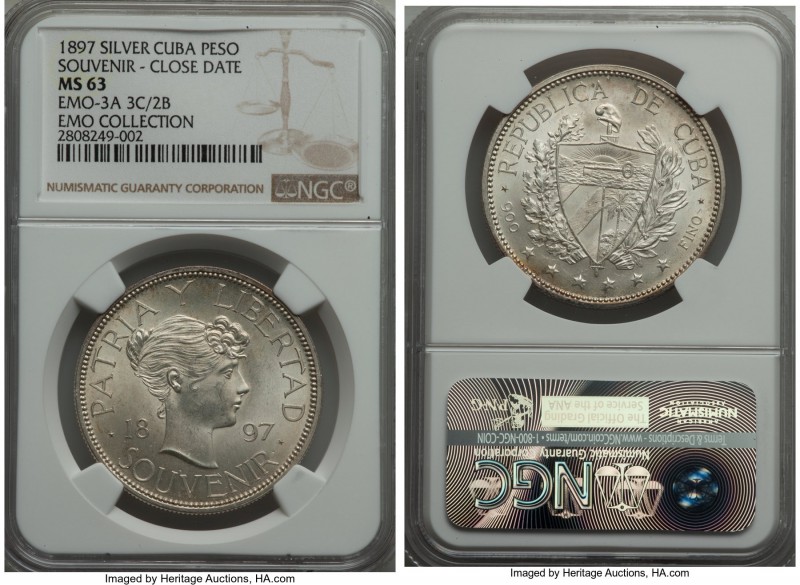 Republic Souvenir Peso 1897 MS63 NGC, Gorham mint, KMX-M2, EMO-3A 3C/2B. Variety...