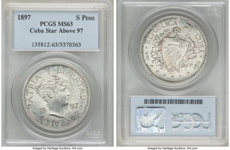 Republic Souvenir Peso 1897 MS63 PCGS, Gorham mint, KM-XM3. Type III with star a...