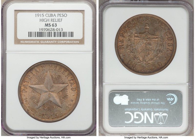 Republic "High Relief" Star Peso 1915 MS63 NGC, Philadelphia mint, KM15.1. A pre...