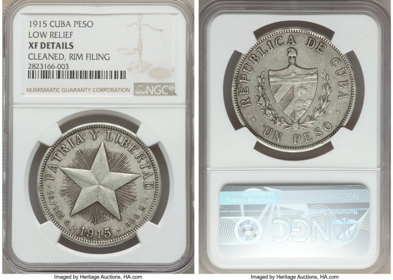 Republic "Low Relief" Star Peso 1915 XF Details (Cleaned, Rim Filing) NGC, Phila...