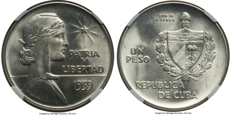 Republic "ABC" Peso 1939 MS65 NGC, Philadelphia mint, KM22. A rare gem-level qua...