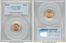 Republic gold Peso 1915 MS67 PCGS, Philadelphia mint, KM16. A simply astonishing level of quality, currently tied for the finest certified by PCGS, wi...