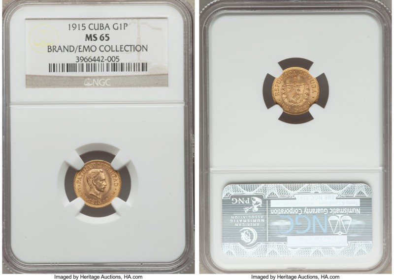 Republic gold Peso 1915 MS65 NGC, Philadelphia mint, KM16. A piece which in many...