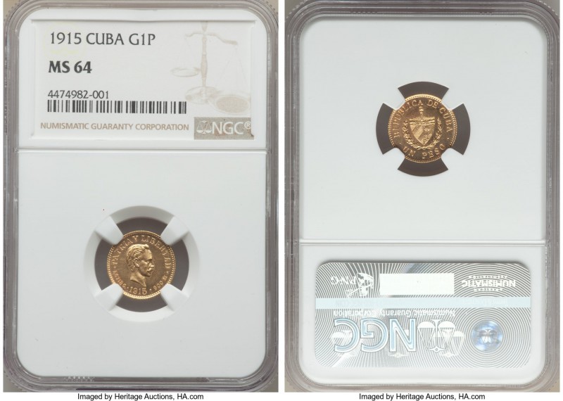 Republic gold Peso 1915 MS64 NGC, Philadelphia mint, KM16. Remarkably watery and...