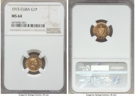 Republic gold Peso 1915 MS64 NGC, Philadelphia mint, KM16. Remarkably watery and pristine in the fields, with only minor evidence of handling, and a p...