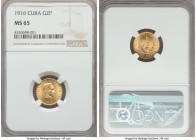Republic gold 2 Pesos 1916 MS65 NGC, Philadelphia mint, KM17. A very elusive gem quality, the whole of the surfaces free of all but the most insignifi...