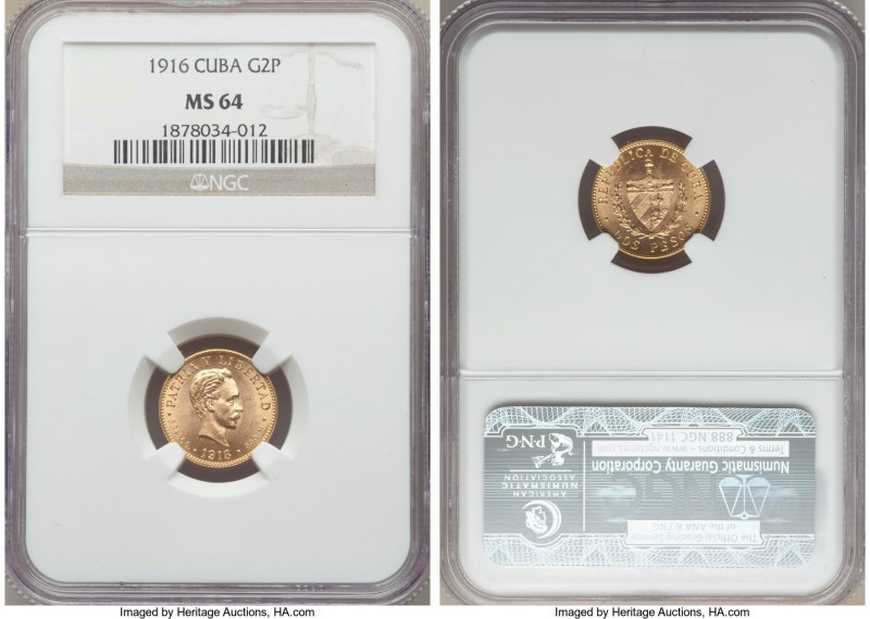 Republic gold 2 Pesos 1916 MS64 NGC, Philadelphia mint, KM17. Very near to gem q...