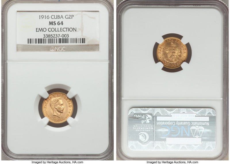 Republic gold 2 Pesos 1916 MS64 NGC, KM17. An illustrative example of this two-y...