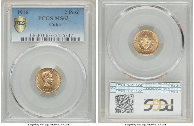 Republic gold 2 Pesos 1916 MS63 PCGS, Philadelphia mint, KM17. A fully choice sp...