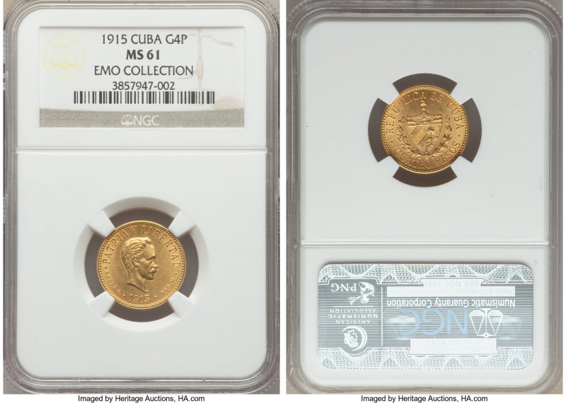 Republic gold 4 Pesos 1915 MS61 NGC, Philadelphia mint, KM18. Mintage: 6,300. A ...