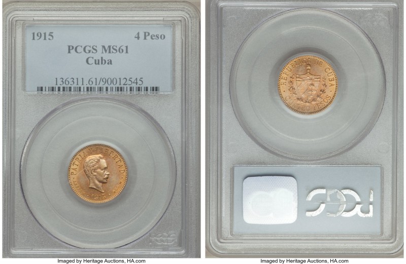 Republic gold 4 Pesos 1915 MS61 PCGS, Philadelphia mint, KM18. Mintage: 6,300. A...