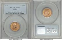Republic gold 4 Pesos 1915 MS61 PCGS, Philadelphia mint, KM18. Mintage: 6,300. A scarce date with an unusual iridescence for the typically honey-gold ...