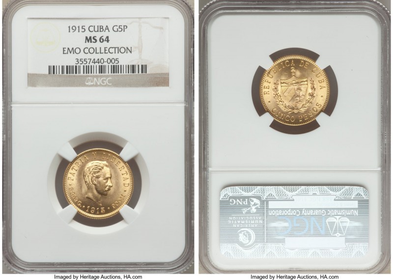 Republic gold 5 Pesos 1915 MS64 NGC, Philadelphia mint, KM19. A quite difficult ...