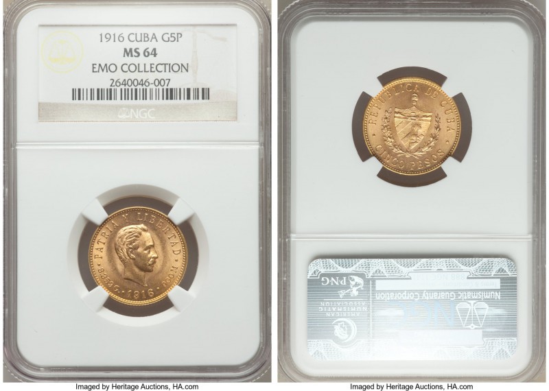Republic gold 5 Pesos 1916 MS64 NGC, Philadelphia mint, KM19. Highly desirable, ...
