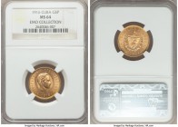 Republic gold 5 Pesos 1916 MS64 NGC, Philadelphia mint, KM19. Highly desirable, with bright glowing luster and an enviable strike. Ex. EMO Collection
...