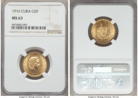 Republic gold 5 Pesos 1916 MS63 NGC, Philadelphia mint, KM19. A crisp presentation with quite clean surfaces. AGW 0.2419 oz.

HID99912102018