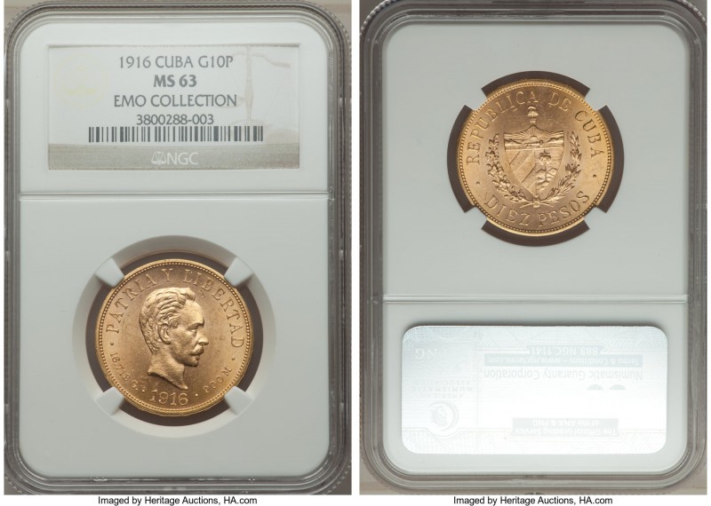 Republic gold 10 Pesos 1916 MS63 NGC, Philadelphia mint, KM20. Very well struck ...