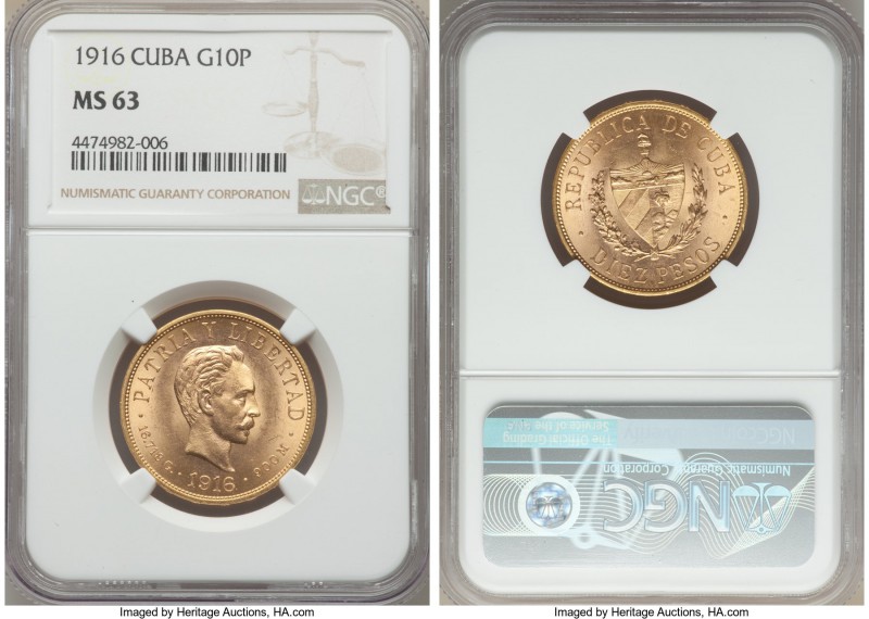 Republic gold 10 Pesos 1916 MS63 NGC, Philadelphia mint, KM20. Noticeably satiny...