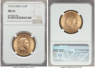 Republic gold 10 Pesos 1916 MS63 NGC, Philadelphia mint, KM20. Noticeably satiny with tiny die polish lines still discernable around the bust.

HID999...
