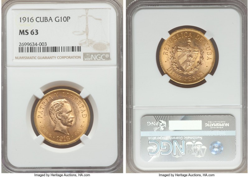 Republic gold 10 Pesos 1916 MS63 NGC, Philadelphia mint, KM20. Rather confined c...