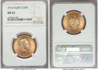 Republic gold 10 Pesos 1916 MS63 NGC, Philadelphia mint, KM20. Rather confined contacts exist in the central regions, with the margins preserved in th...