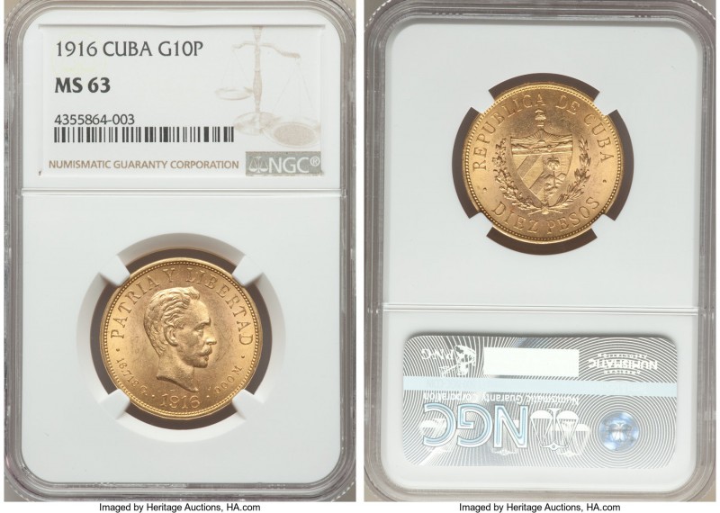 Republic gold 10 Pesos 1916 MS63 NGC, Philadelphia mint, KM20. A perfectly prese...