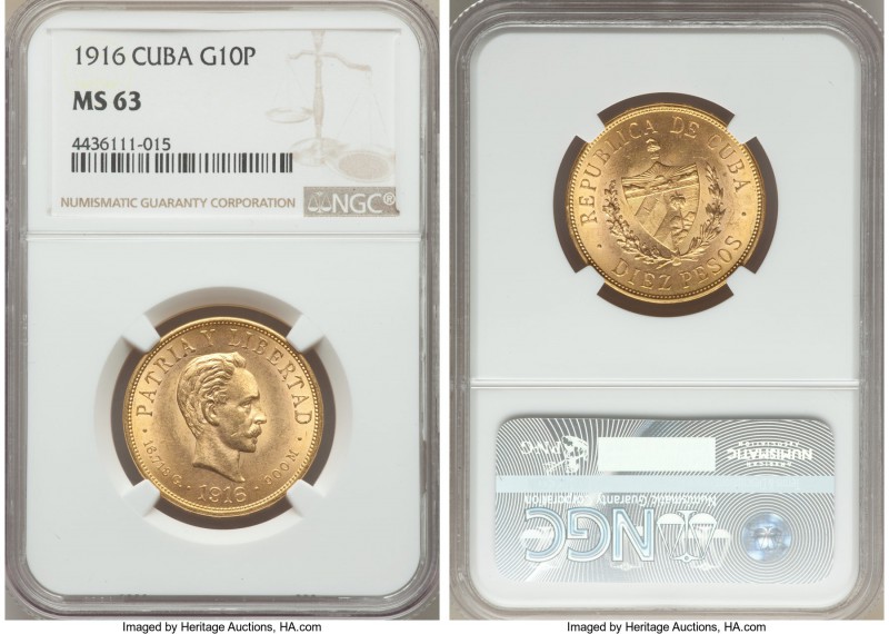 Republic gold 10 Pesos 1916 MS63 NGC, Philadelphia mint, KM20. Radiant cartwheel...