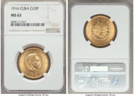 Republic gold 10 Pesos 1916 MS63 NGC, Philadelphia mint, KM20. Radiant cartwheel luster blazes forth on this rather choice example.

HID99912102018