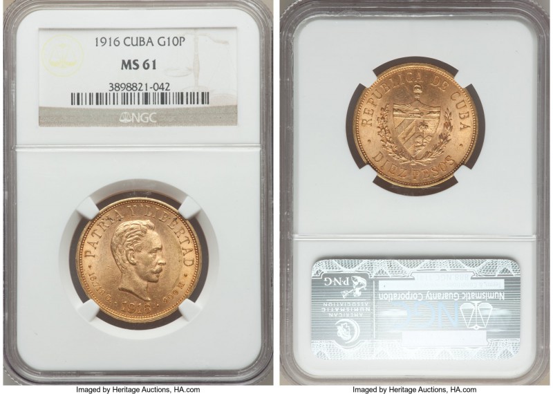 Republic gold 10 Pesos 1916 MS61 NGC, Phildelphia mint, KM20. Golden luster leap...