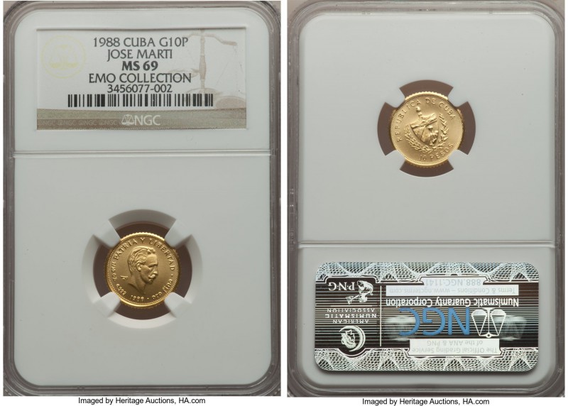 Republic gold 10 Pesos 1988 MS69 NGC, KM211. Mintage: 50. A perfect piece sure t...