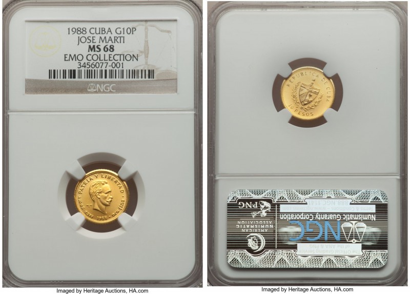 Republic gold 10 Pesos 1988 MS68 NGC, KM211. Mintage: 50. A stunningly lofty gra...