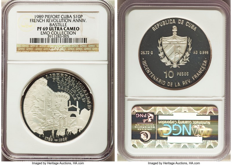 Republic silver Proof Piefort "French Revolution Anniversary" 10 Pesos 1989 PR69...