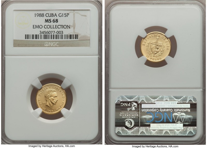 Republic gold 15 Pesos 1988 MS68 NGC, KM212. Mintage: 50. A flawless piece notor...