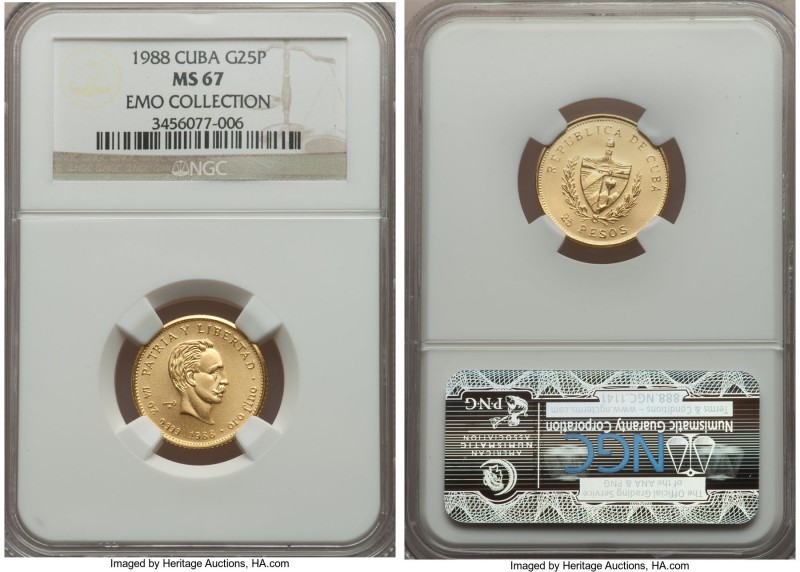 Republic gold 25 Pesos 1988 MS67 NGC, KM213. A virtually flawless and effortless...