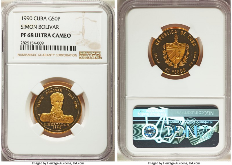 Republic gold Proof "Simon Bolivar" 50 Pesos 1990 PR68 Ultra Cameo NGC, KM281. T...