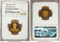 Republic gold Proof "Simon Bolivar" 50 Pesos 1990 PR68 Ultra Cameo NGC, KM281. Tiny mintage of only 50 Pieces. Obv. National arms with value below. Re...