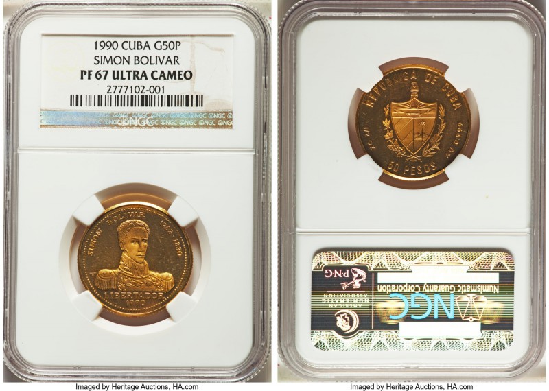 Republic gold Proof "Simon Bolivar" 50 Pesos 1990 PR67 Ultra Cameo NGC, KM281. M...