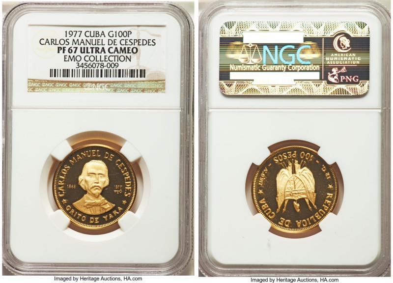 Republic gold Proof "Carlos Manuel de Cespedes" 100 Pesos 1977 PR67 Ultra Cameo ...