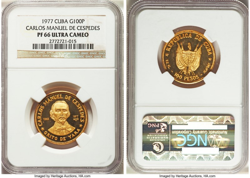 Republic gold Proof "Carlos Manuel de Cespedes" 100 Pesos 1977 PR66 Ultra Cameo ...