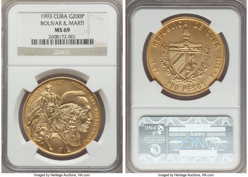 Republic gold "Bolivar & Marti" 200 Pesos 1993 MS69 NGC, Havana mint, KM542. Min...