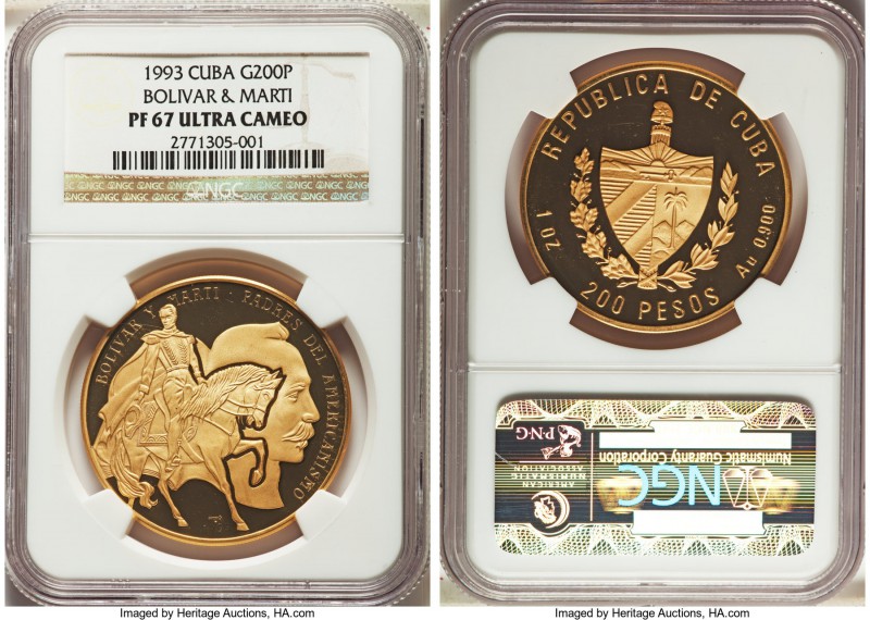 Republic gold Proof "Bolivar & Marti" 200 Pesos 1993 PR67 Ultra Cameo NGC, KM542...