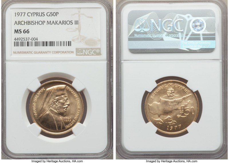 Republic gold 50 Pounds 1977 MS66 NGC, London mint, KM47. Archbishop Makarios II...
